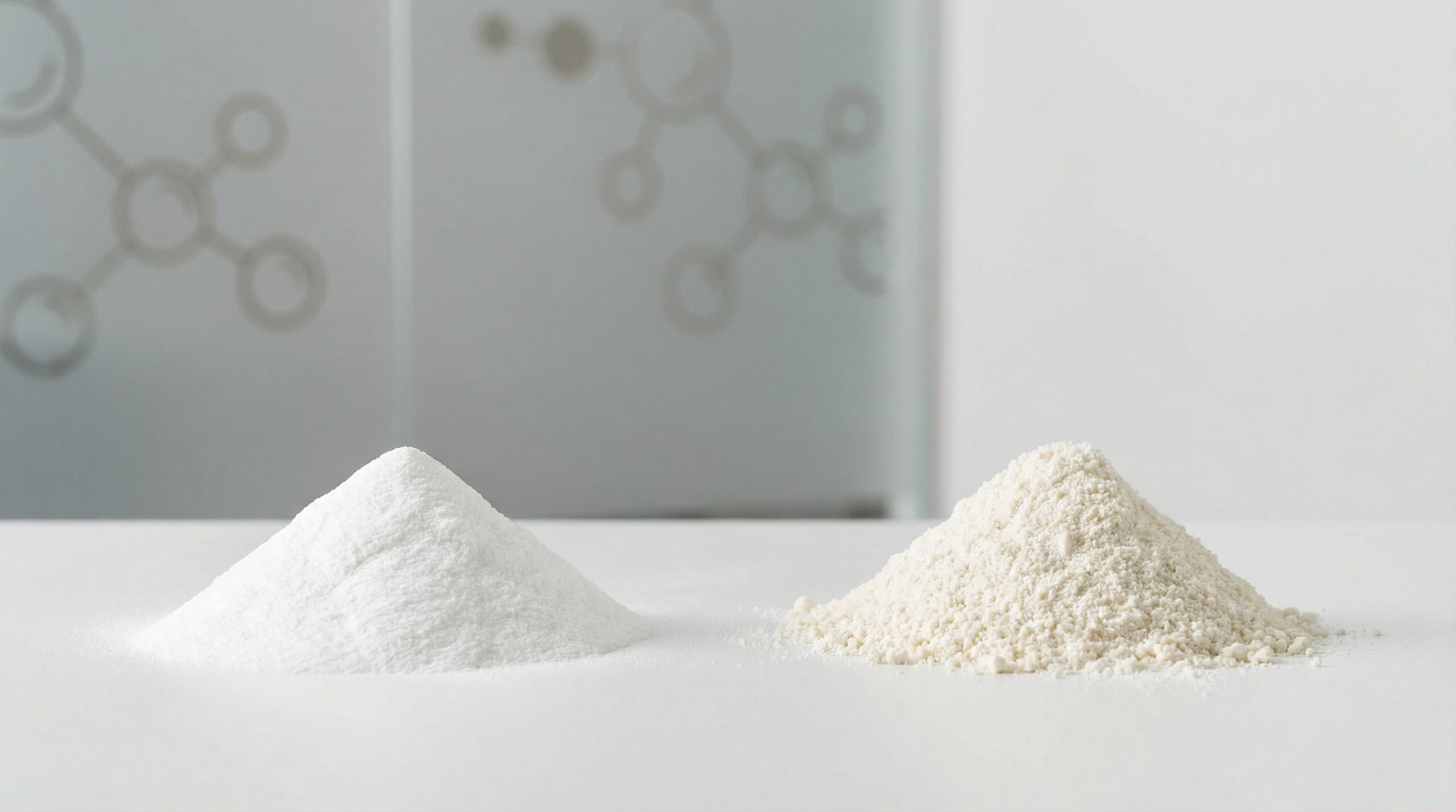 A sleek laboratory setting with two glass beakers filled with white powder positioned side by side o